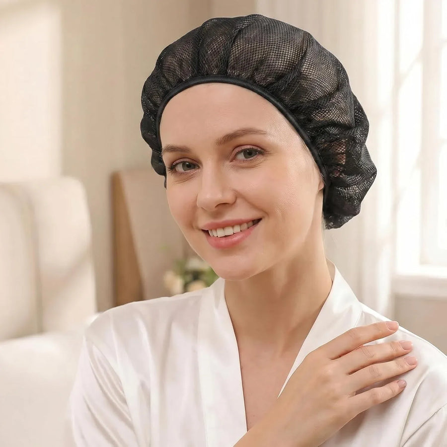 4 Pcs Mesh Sleep Bonnets for Women, Elastic Hair Nets for Sleeping and Hair Drying, Colorful Pink and Black, Daily Comfort Use