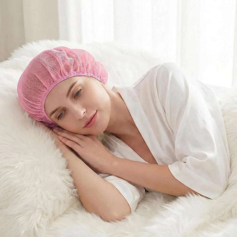 4 Pcs Mesh Sleep Bonnets for Women, Elastic Hair Nets for Sleeping and Hair Drying, Colorful Pink and Black, Daily Comfort Use