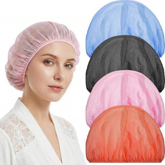 4 Pack Mesh Sleep Bonnets for Women, Elastic Breathable Hair Nets for Sleeping and Hair Drying, Colorful, Pink/Blue/Orange/Black