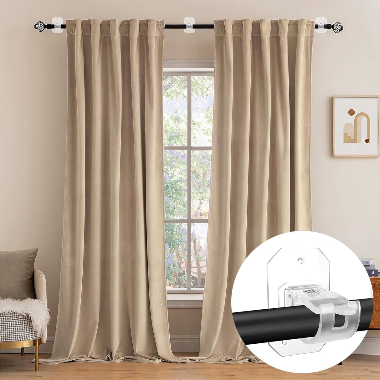 8 Pack No Drill Curtain Rod Brackets, Self Adhesive Adjustable Nail Free Hangers for Curtain Poles 0.62-1.57 Inch, Clear
