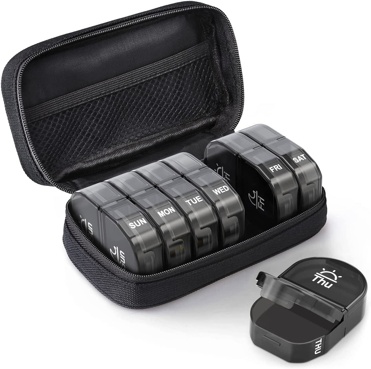 Travel Pill Organizer, Large 7 Day AM PM Weekly Box with Portable Canvas Zipper Case for Vitamins Supplements and Fish Oils, Black
