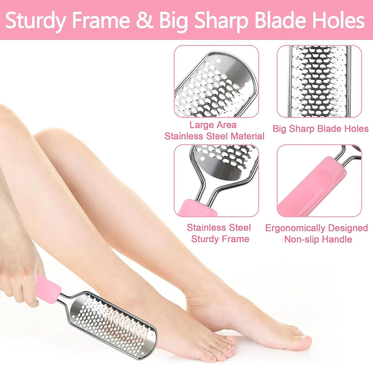 Foot File Callus Remover, Stainless Steel Pedicure Scrubber for Hard Cracked Dead Skin, Wet and Dry Foot Care, Pink