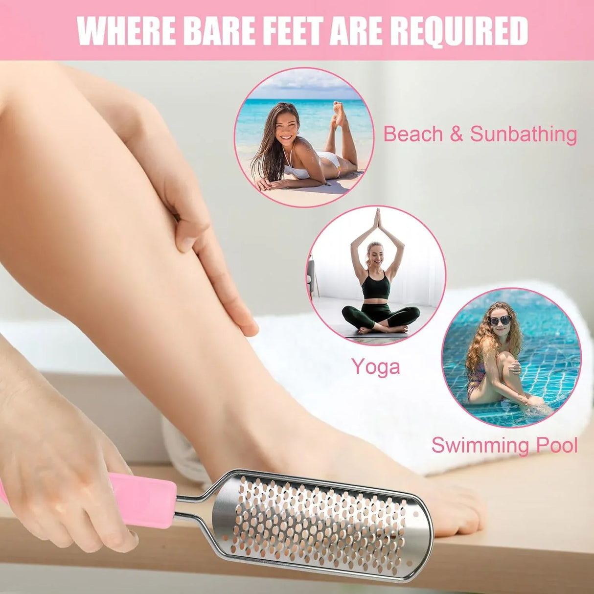 Foot File Callus Remover, Stainless Steel Pedicure Scrubber for Hard Cracked Dead Skin, Wet and Dry Foot Care, Pink