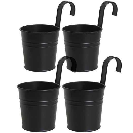 Metal Railing Planter Pots, 4 Pack Hanging Flower Buckets for Balcony Garden Fence Decor, Black, 4 Inch, for Garden Yard and Outdoor Use