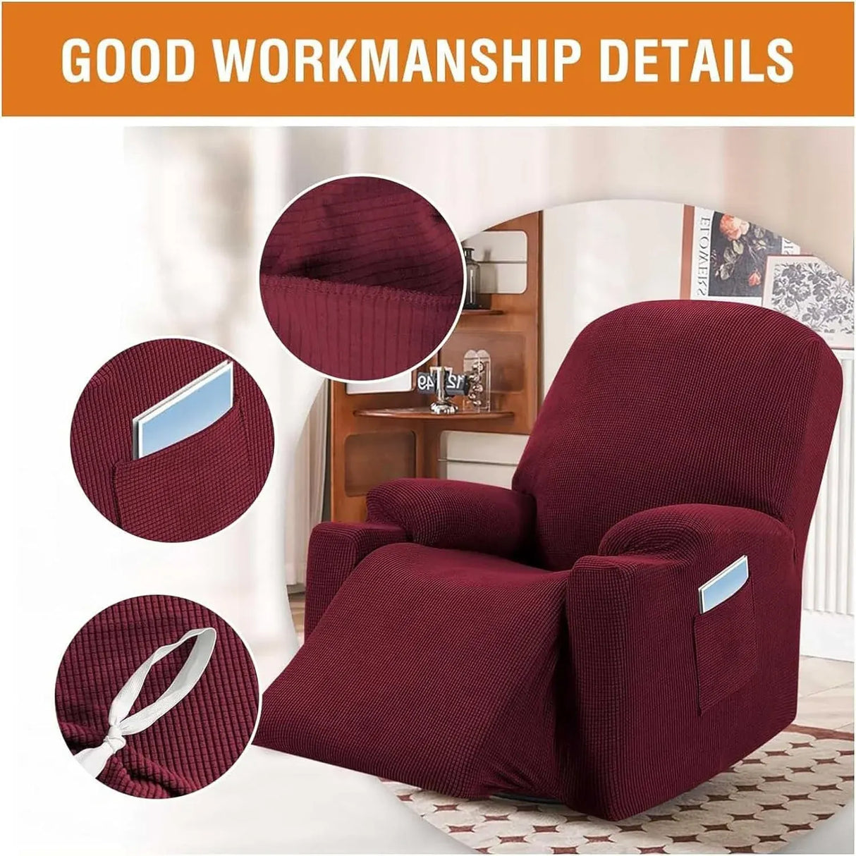 Power Lift Recliner Chair Cover High Stretch Soft Jacquard Fabric with Side Pocket for Standard Recliners Burgundy, Letter B Option