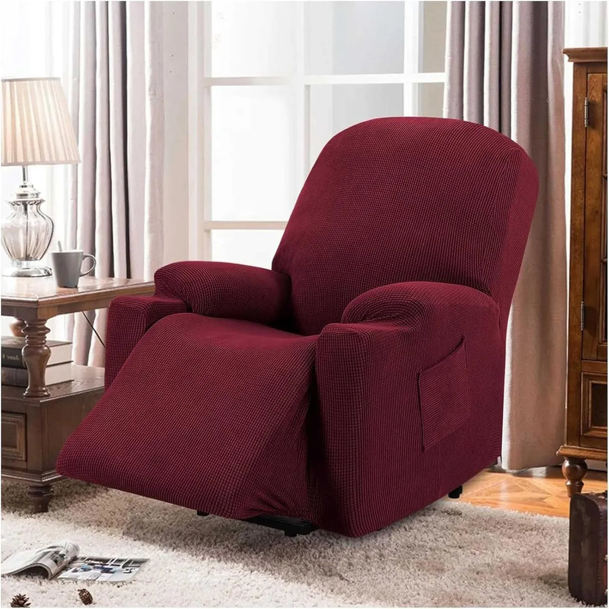 Power Lift Recliner Chair Cover High Stretch Soft Jacquard Fabric with Side Pocket for Standard Recliners Burgundy, Letter B Option