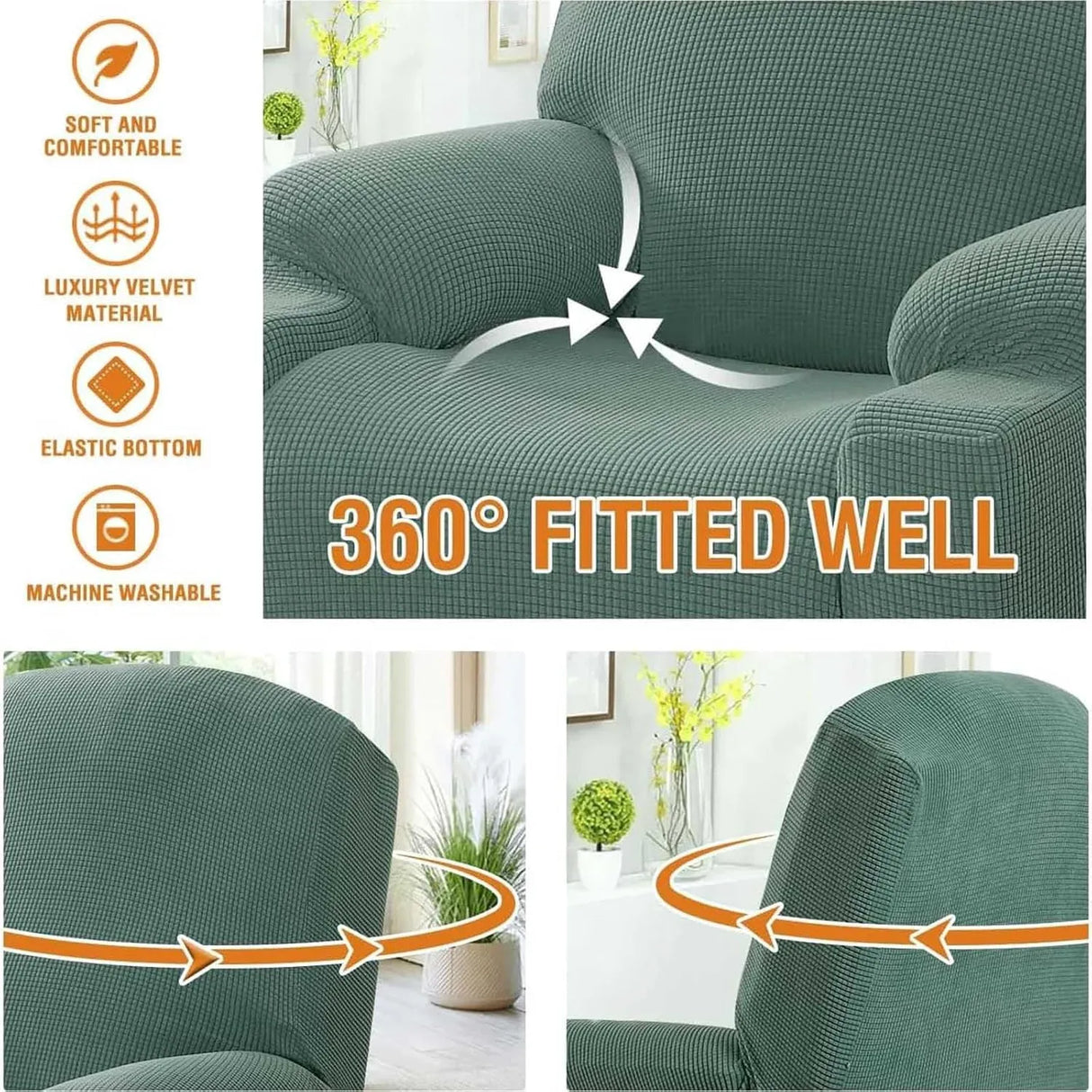 Power Lift Recliner Slipcover High Stretch Soft Jacquard Fabric with Side Pocket for Standard Recliner Chair Green, Letter C Option