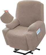 Recliner Slipcover High Stretch Soft Jacquard Fabric with Side Pocket for Standard Power Lift Recliner Beige, Letter E Option