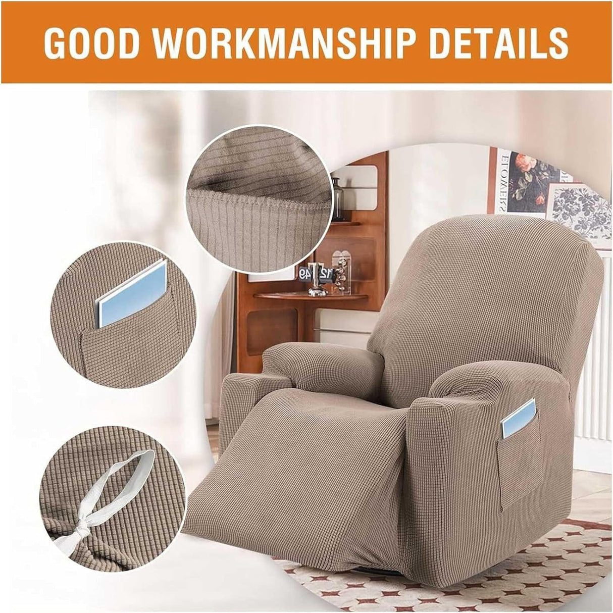 Recliner Slipcover High Stretch Soft Jacquard Fabric with Side Pocket for Standard Power Lift Recliner Beige, Letter E Option
