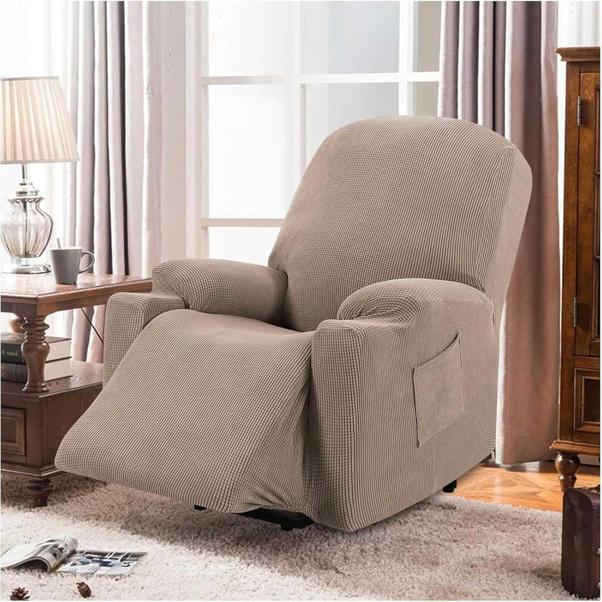 Recliner Slipcover High Stretch Soft Jacquard Fabric with Side Pocket for Standard Power Lift Recliner Beige, Letter E Option
