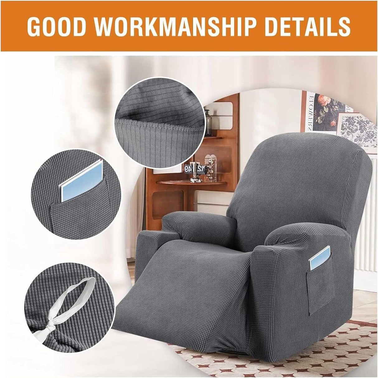 Recliner Slipcover with Side Pocket, High Stretch Soft Jacquard Fitted Cover for Standard Power Lift Recliner, Gray, Letter D Option