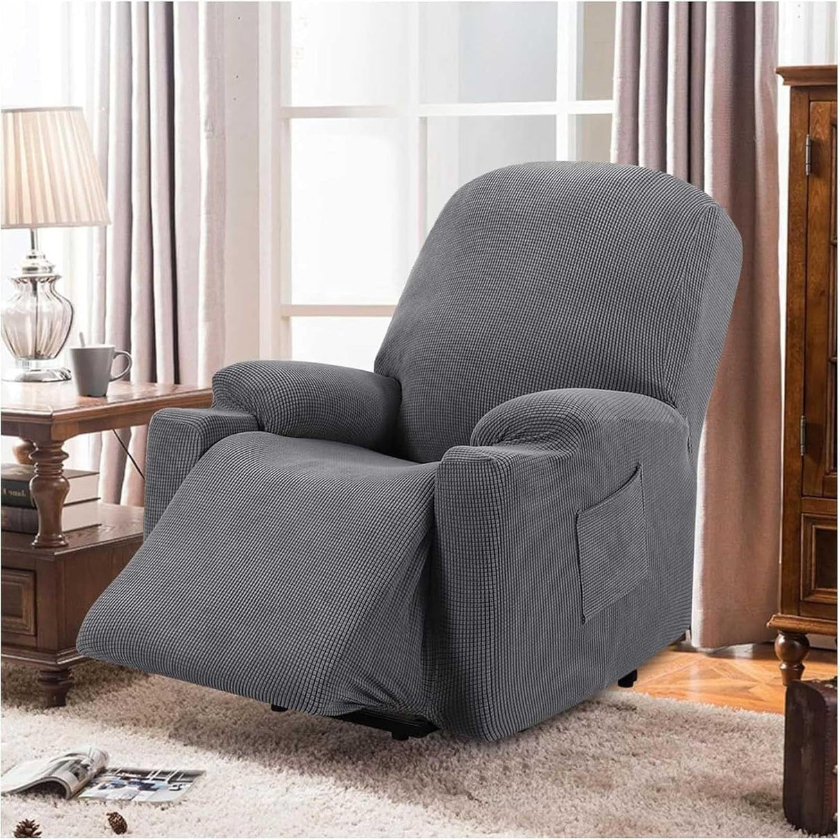 Recliner Slipcover with Side Pocket, High Stretch Soft Jacquard Fitted Cover for Standard Power Lift Recliner, Gray, Letter D Option