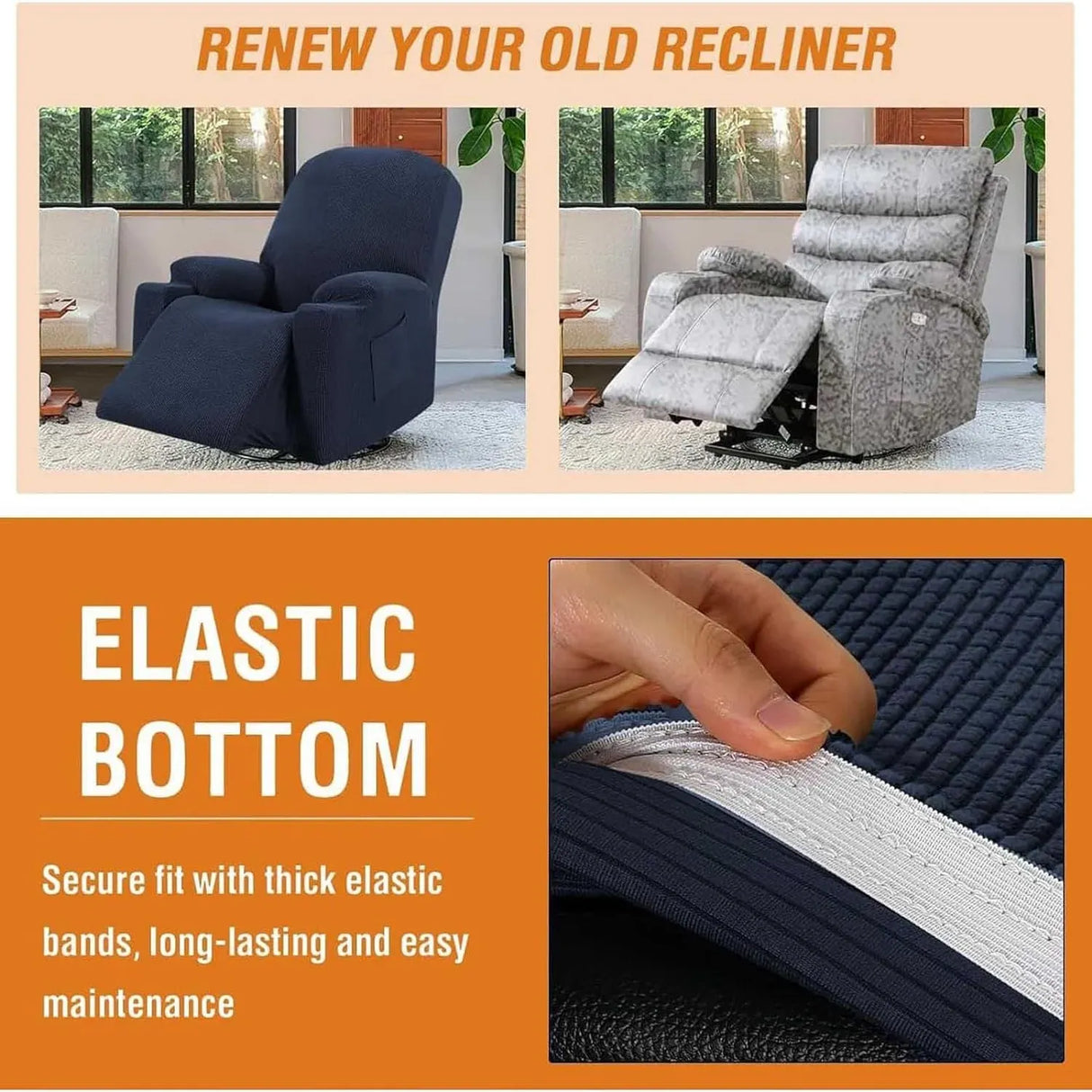 Recliner Slipcover High Stretch Soft Jacquard Fabric with Side Pocket for Standard Power Lift Recliner Chair Navy Blue, Letter F Option