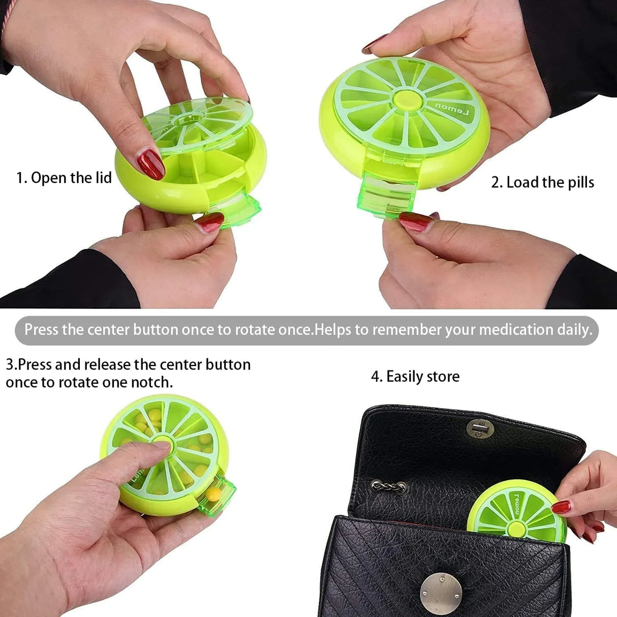 7 Day Weekly Pill Organizer Box, Portable Mini Rotary 3 Compartment Circular Fruit Style Case for Travel and Daily Use, One pack, color selected at random