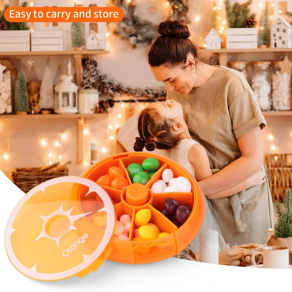 Portable Weekly Pill Organizer Box, 7 Day Rotary Circular Design, 3 Compartment Fruit Style for Travel, Orange