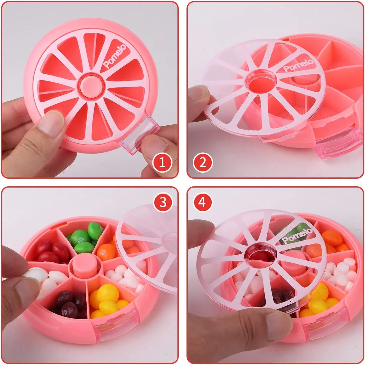 Portable Weekly Pill Organizer Box, 7 Day Rotary 3 Compartment Medicine Case for Travel and Daily Use, Pomelo Pink