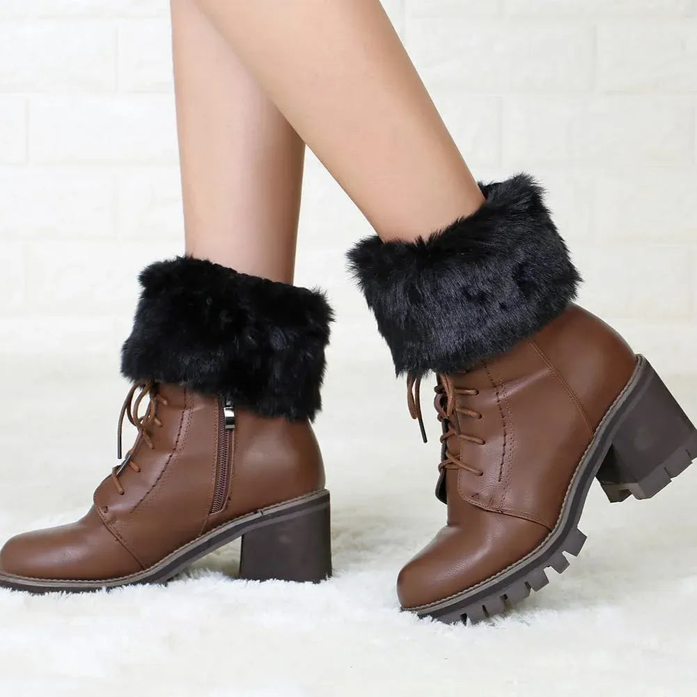 Faux Fur Boot Cuffs Short Fuzzy Knitted Leg Warmers for Women Winter Ankle Covers Black, Practical Everyday Use