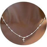 Silver Plated Cubic Zirconia Cross Pendant Choker Necklace with Adjustable Twist Rope Chain for Women, Adjustable Design