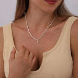 Silver Plated Cubic Zirconia Cross Pendant Choker Necklace with Adjustable Twist Rope Chain for Women, Adjustable Design - Top-Down View