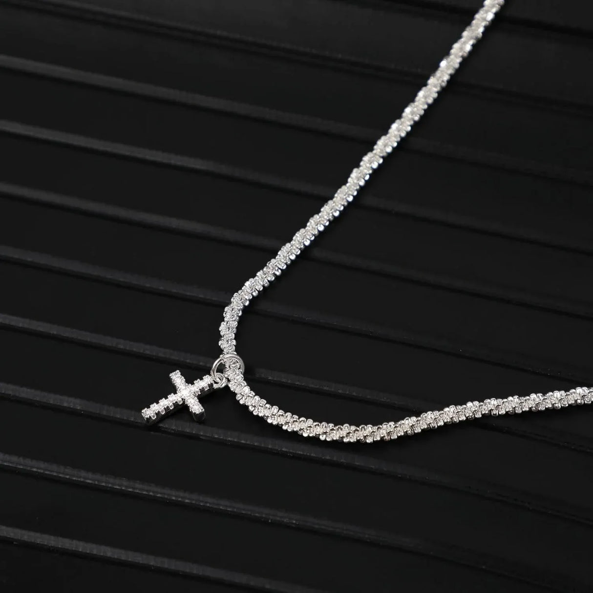 Silver Plated Cubic Zirconia Cross Pendant Choker Necklace with Adjustable Twist Rope Chain for Women, Adjustable Design