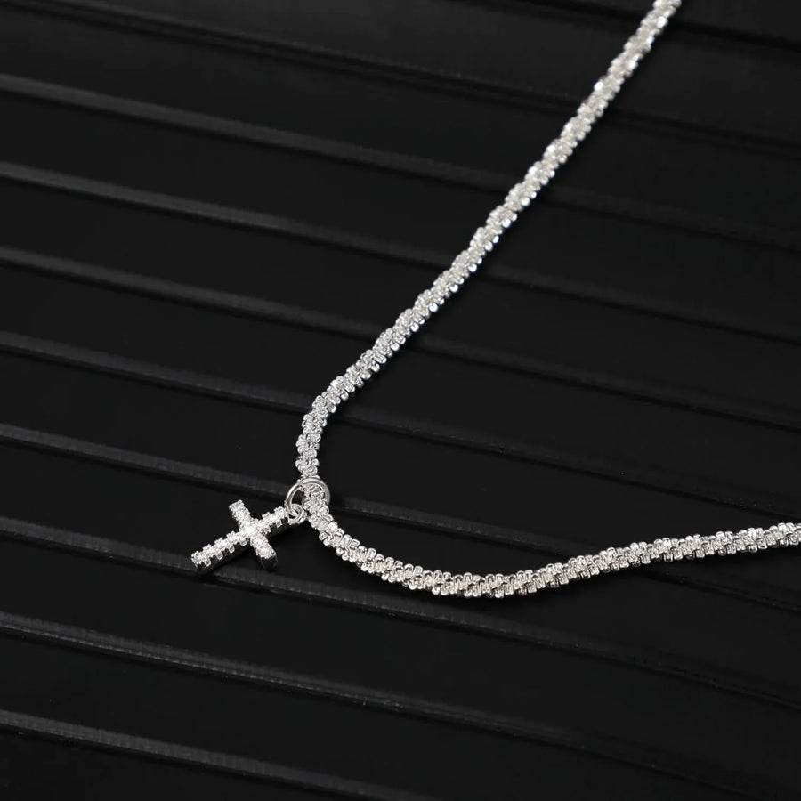 Silver Plated Cubic Zirconia Cross Pendant Choker Necklace with Adjustable Twist Rope Chain for Women, Adjustable Design