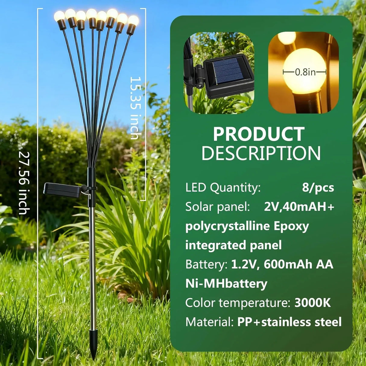 Solar Garden Lights 2 Pack, 16 LED Swaying Firefly Lights for Patio Pathway Courtyard Decoration, Big Bulb Waterproof