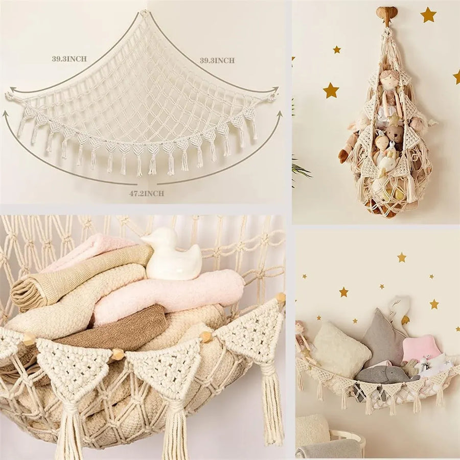 Stuffed Animal Storage Hammock Wall Hanging Corner Net Organizer for Bedroom Nursery Room Decor, Beige, 47.2 Inch