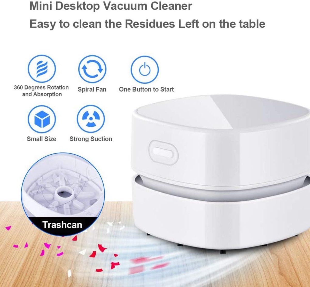 Mini vacuum cleaner, small vacuum cleaner, Mini cordless table vacuum, rechargeable, 360 Degree rotatable table vacuum, 7.9 x 7.9 x 6 cm, USB, White
