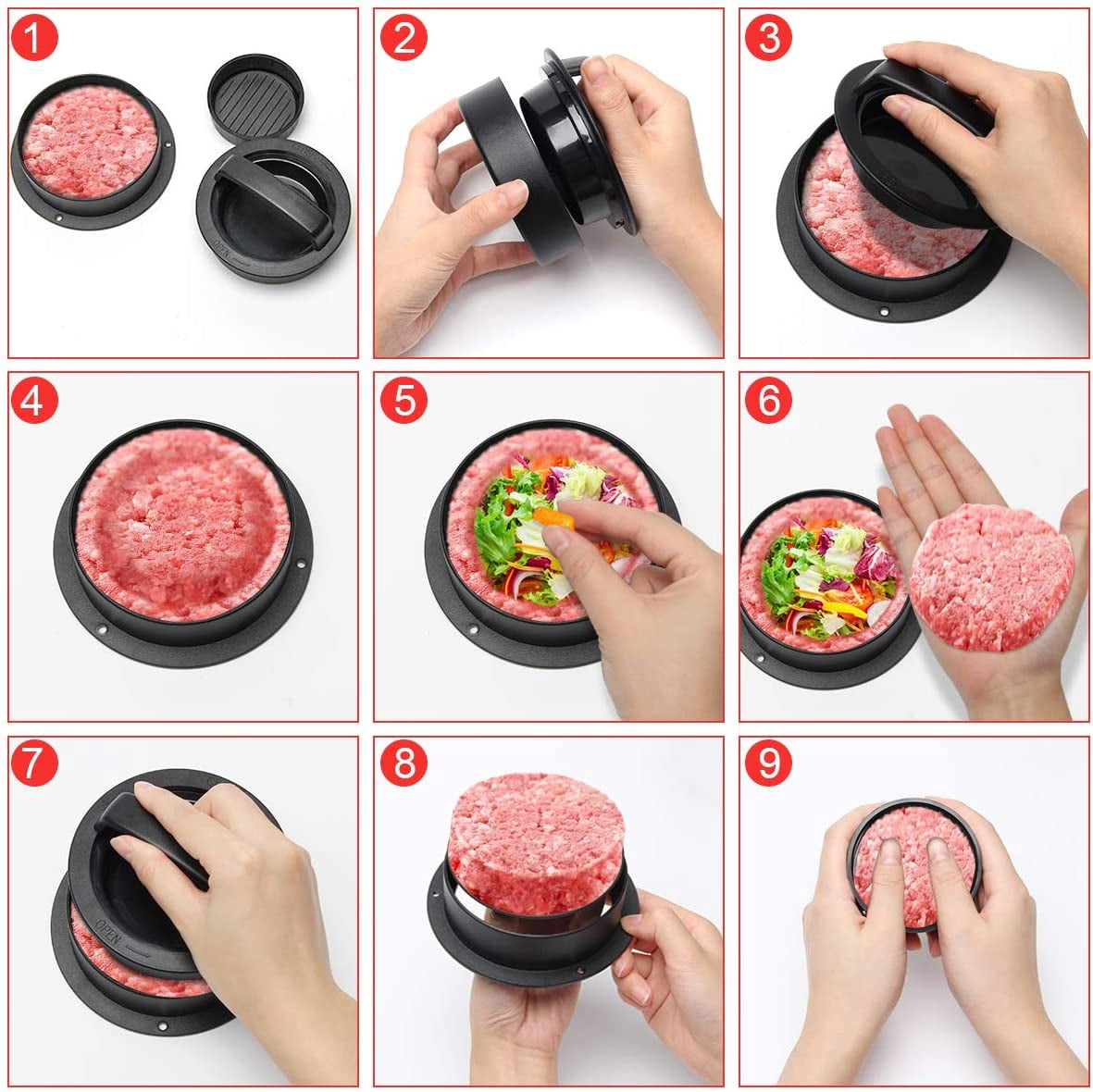 3 in 1 Burger Press Patty Maker,Plutput Hamburger Patty Maker Stuffed Burgers Press with 100p Burger Paper for BBQ Non-Stick Sliders Beef Burger Press (Black)