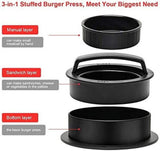 3 in 1 Burger Press Patty Maker,Plutput Hamburger Patty Maker Stuffed Burgers Press with 100p Burger Paper for BBQ Non-Stick Sliders Beef Burger Press (Black)