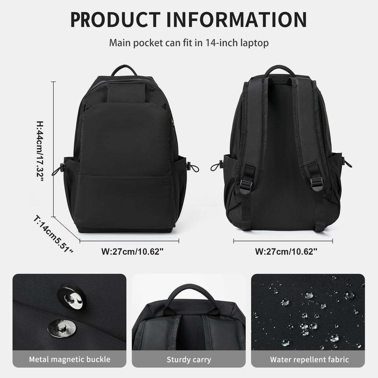 Unisex Lightweight Water-Resistant Backpack Black