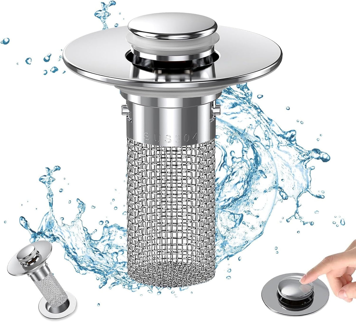 Bathroom Sink Drain Stopper - Pop Up Drain Plug with 1 Replacement Filters Basket, Removable Stainless Steel Floor Drain Filter, Anti Clogging Sink Strainer Hair Catcher for Washroom (Silver)