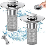Bathroom Sink Drain Stopper - Pop Up Drain Plug with 1 Replacement Filters Basket, Removable Stainless Steel Floor Drain Filter, Anti Clogging Sink Strainer Hair Catcher for Washroom (Silver) - Front View