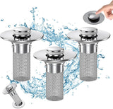 Bathroom Sink Drain Stopper - Pop Up Drain Plug with 3 Replacement Filters Basket, Removable Stainless Steel Floor Drain Filter, Anti Clogging Sink Strainer Hair Catcher for Washroom (Silver)