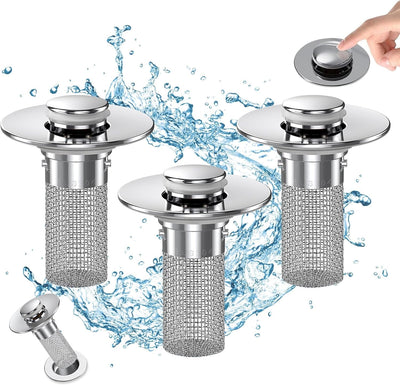 Bathroom Sink Drain Stopper - Pop Up Drain Plug with 3 Replacement Filters Basket, Removable Stainless Steel Floor Drain Filter, Anti Clogging Sink Strainer Hair Catcher for Washroom (Silver)