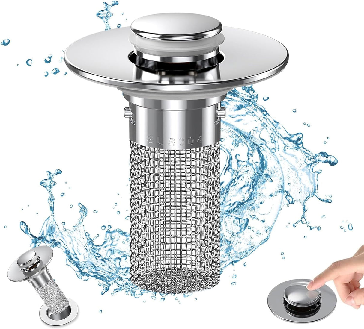 Bathroom Sink Drain Stopper - Pop Up Drain Plug with 3 Replacement Filters Basket, Removable Stainless Steel Floor Drain Filter, Anti Clogging Sink Strainer Hair Catcher for Washroom (Silver)