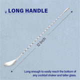 Bar Spoon Cocktail Mixing Stirrers for Drink, Stainless Steel 12 Inches Long Handle, Silver 4 Pieces - Front View