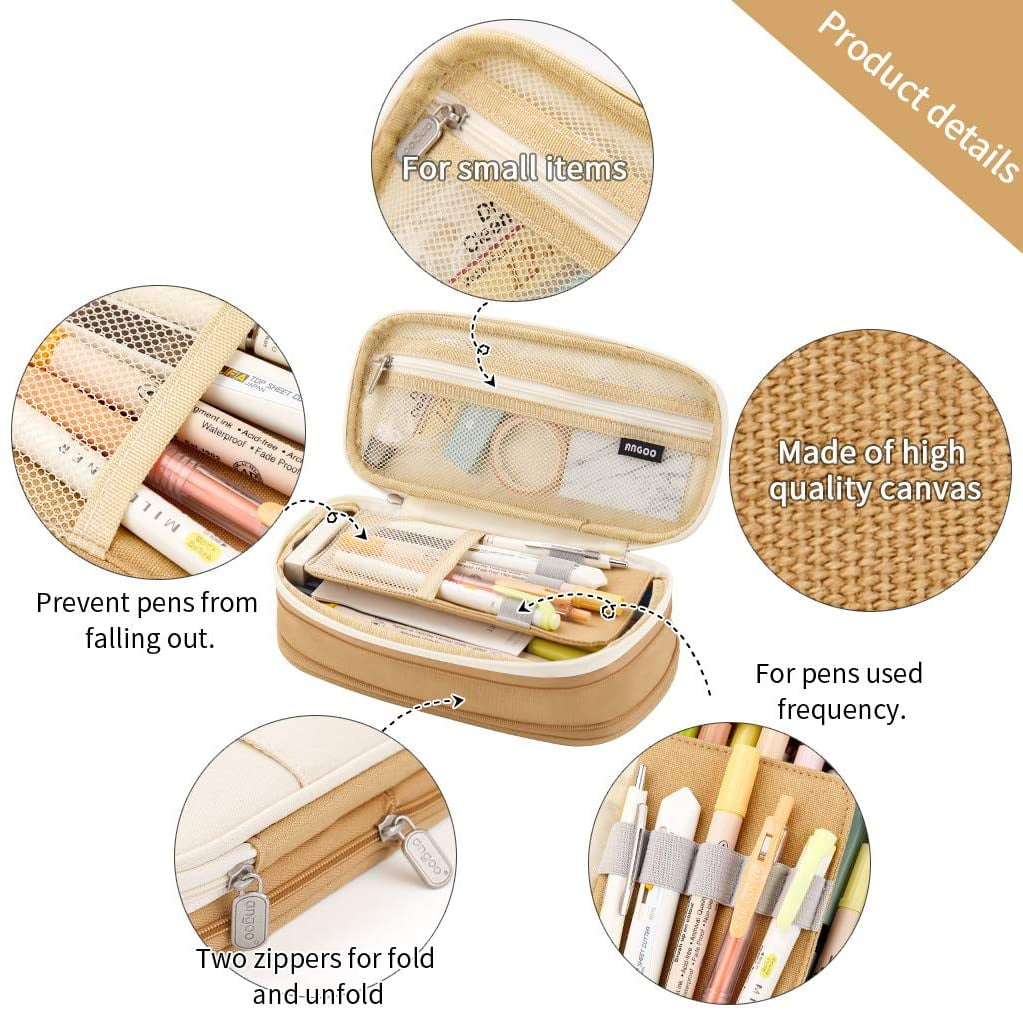 Big Capacity Pencil Pen Case Large Storage Pencil Bag Pouch Organizer (Purple) Khaki