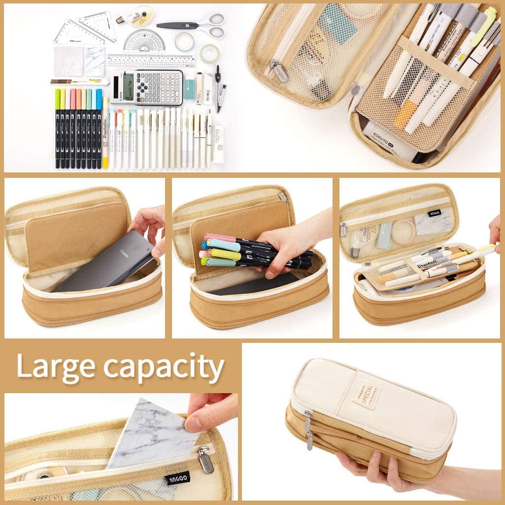 Big Capacity Pencil Pen Case Large Storage Pencil Bag Pouch Organizer (Purple) Khaki