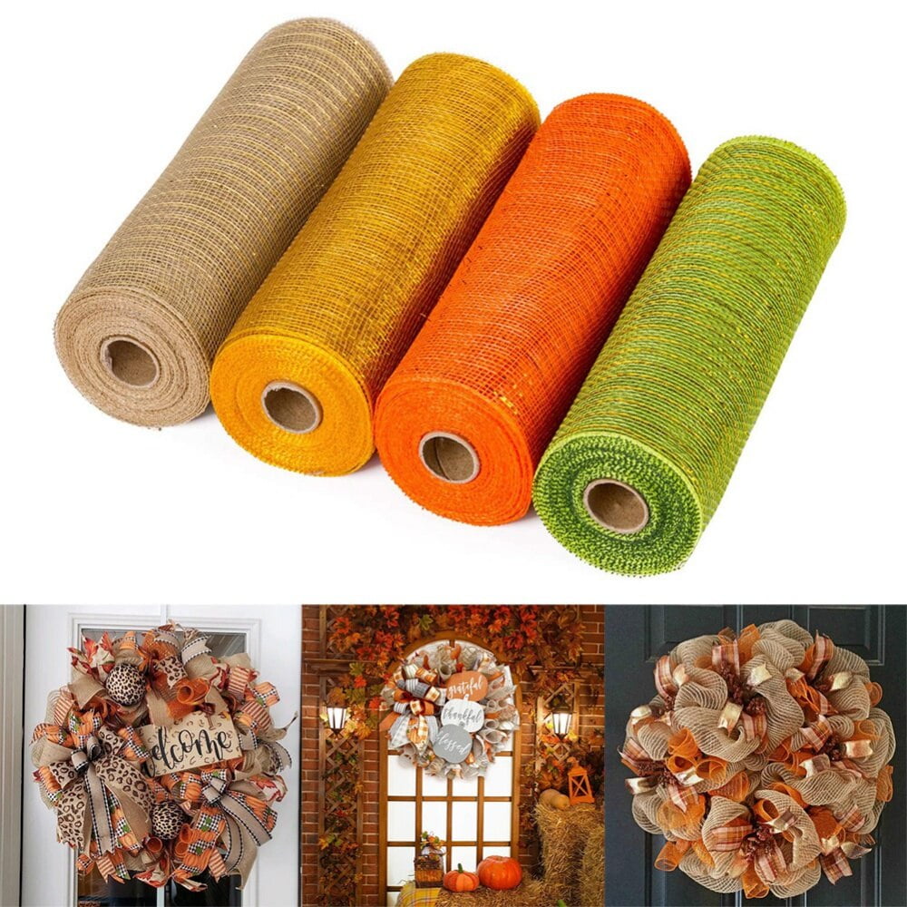 Clearance 4 Rolls Poly Burlap Deco Mesh 10 Inch Wide Decorative Ribbon Wrapping Home Door Wreath Decoration DIY Crafts Making