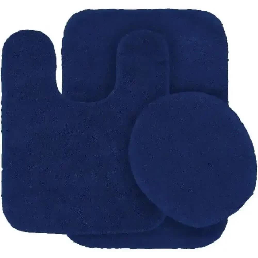 Bathroom 6 Modern Solid Print 3-Count Grey Polyester Bath Rugs, 18 x 28, Non-Slip Backing Navy Blue