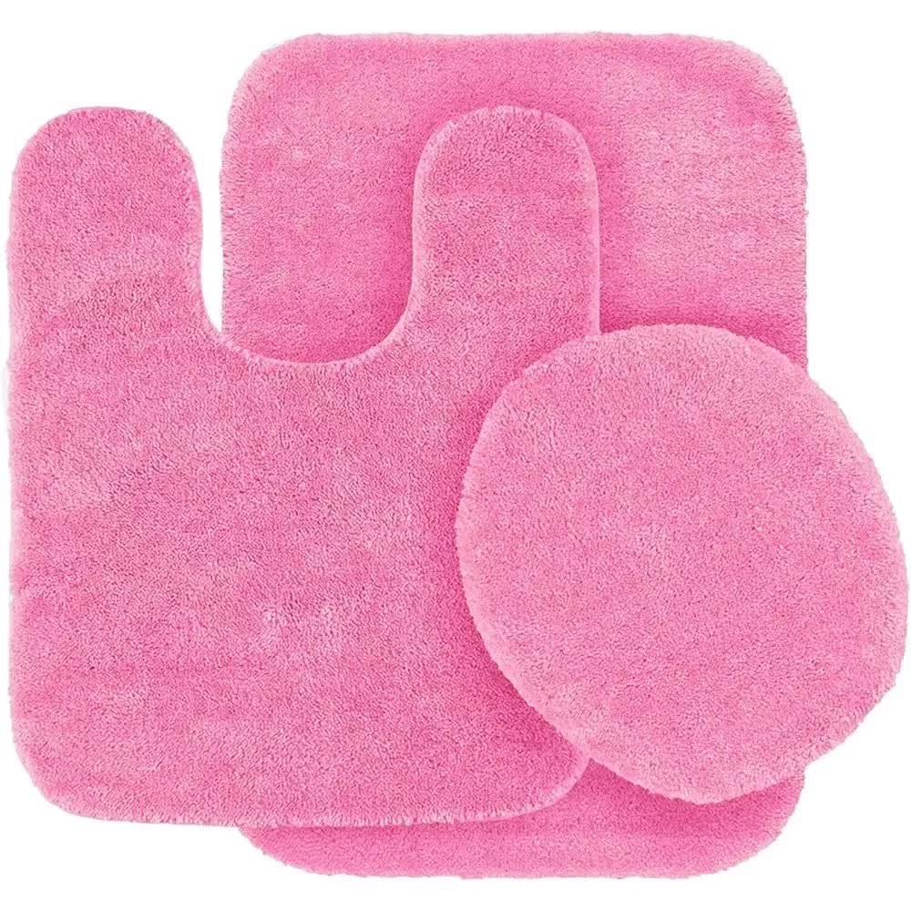 Bathroom 6 Modern Solid Print 3-Count Grey Polyester Bath Rugs, 18 x 28, Non-Slip Backing Pink