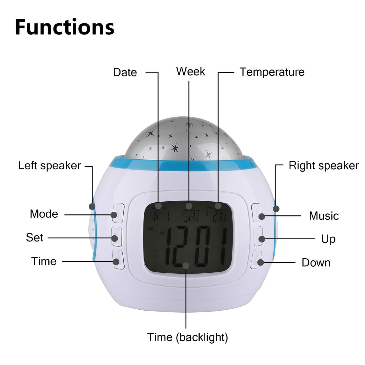 Alarm Clock, Kids Sleep Clock Starry Sky Night Light Star Projection Clock, Music Digital Clock with Backlight LED Night Light Calendar & Thermometer for Kids Boys Girls Children Bedroom Party