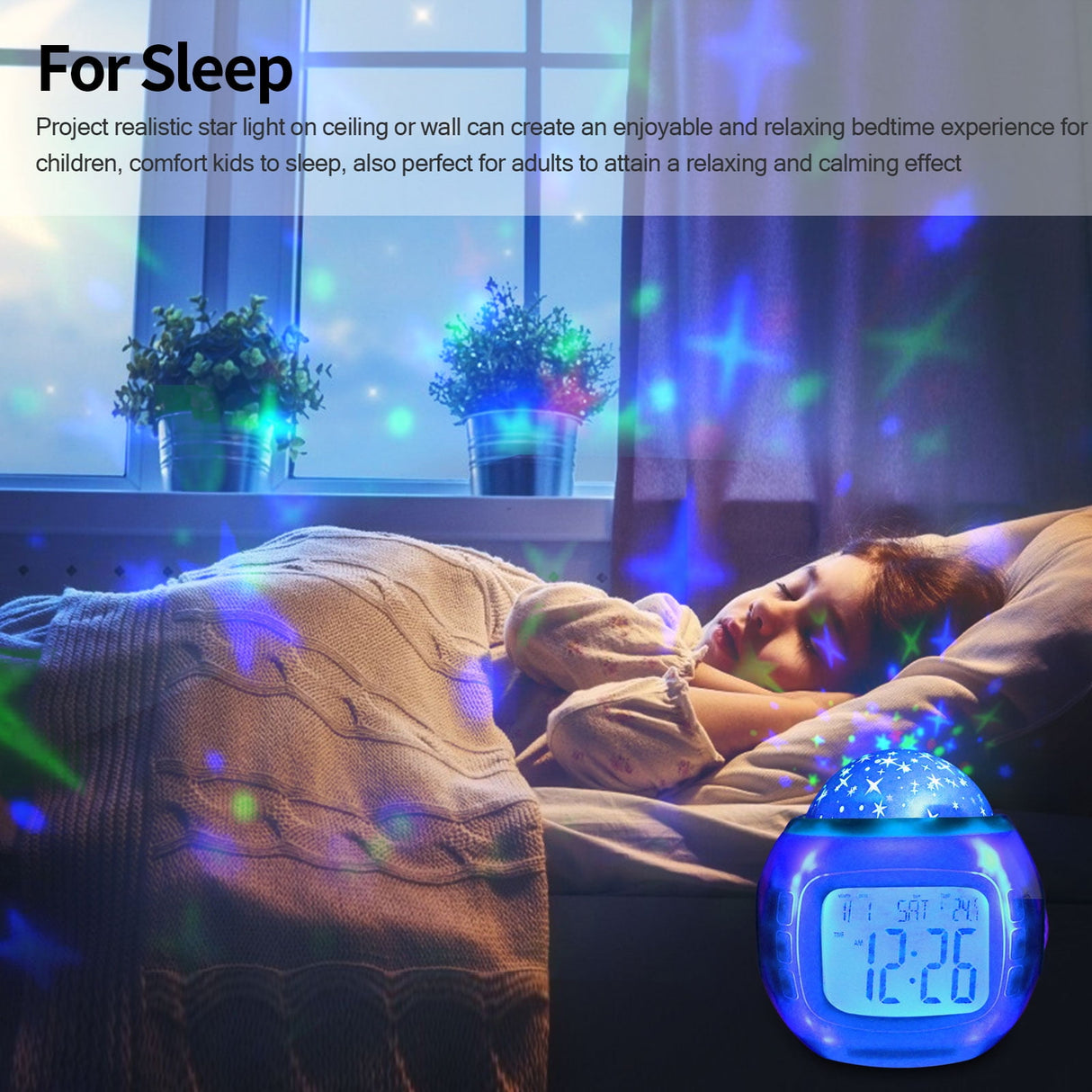 Alarm Clock, Kids Sleep Clock Starry Sky Night Light Star Projection Clock, Music Digital Clock with Backlight LED Night Light Calendar & Thermometer for Kids Boys Girls Children Bedroom Party