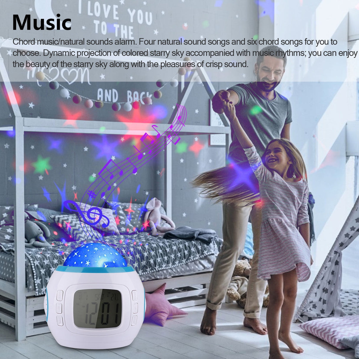 Alarm Clock, Kids Sleep Clock Starry Sky Night Light Star Projection Clock, Music Digital Clock with Backlight LED Night Light Calendar & Thermometer for Kids Boys Girls Children Bedroom Party