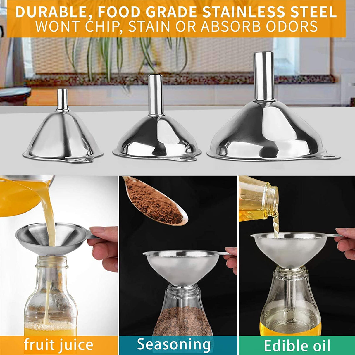 4 Pcs Metal Stainless Steel Funnel, Large Small Funnel Set of 3, Food Grade Mini Funnels for Kitchen Use Filling Bottles Liquor Flask Tiny Spice Cooking Powder Water Silver