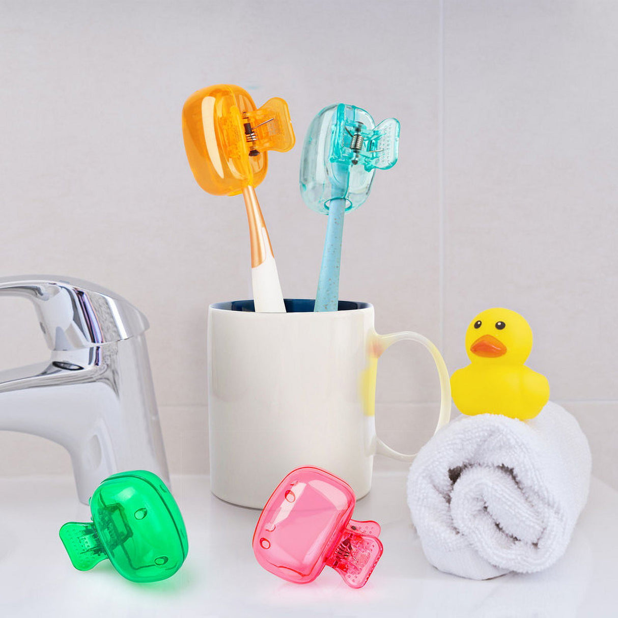 4 Pack Travel Toothbrush Head Covers Portable Toothbrush Protector Cap Brush Pod Case Protective Plastic Clip for Household Travel, Camping, Bathroom, School, Business Clear, Yellow, Grey, Blue