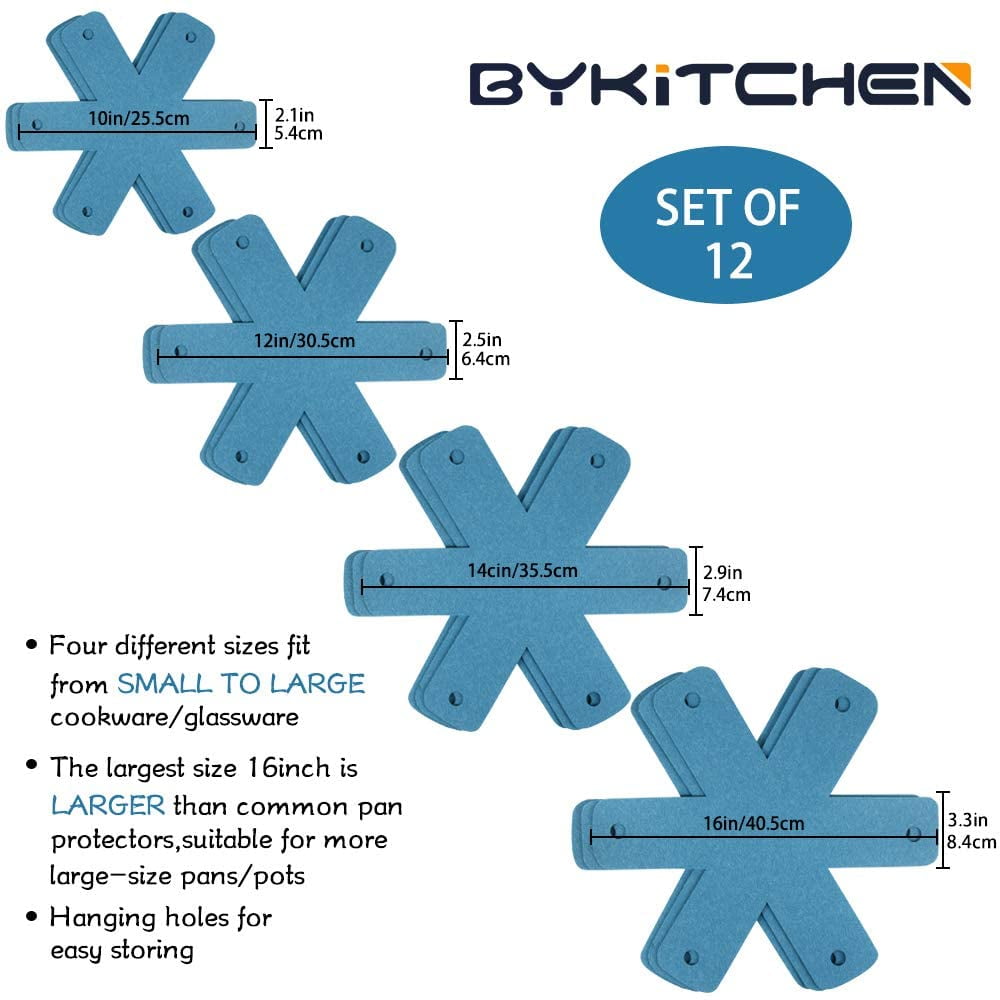 Pot Pan Protectors, Set of 12 and 4 Different Sizes, Larger & Thicker Pan Pot Separator Pads for Stacking and Protecting Your Cookware Cyan