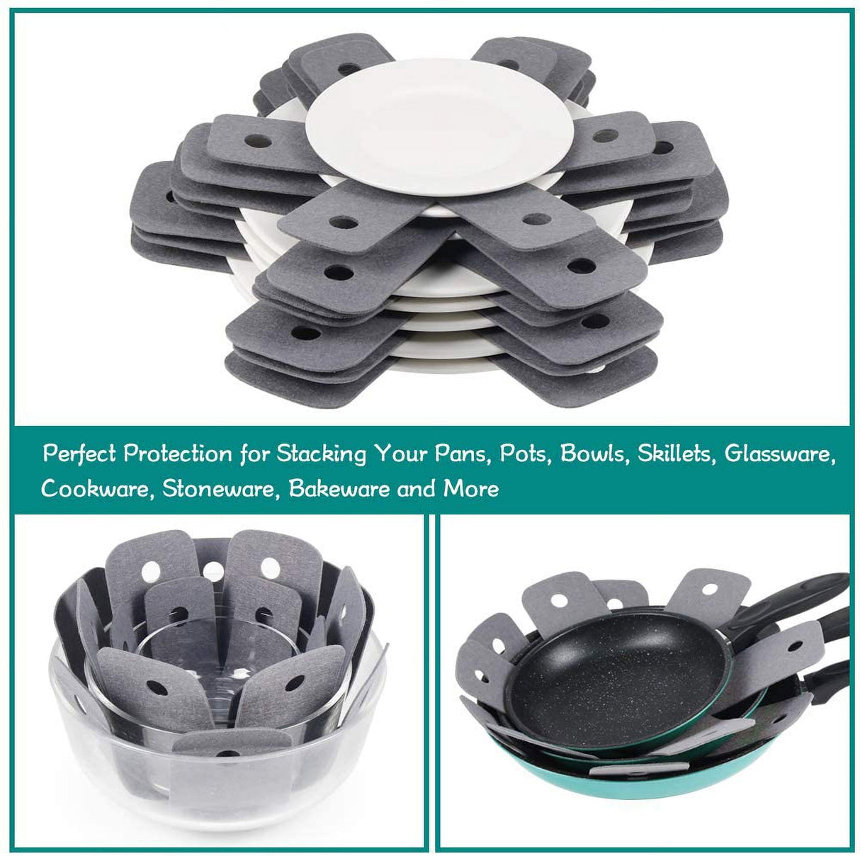 Pot Pan Protectors, Set of 12 and 4 Different Sizes, Larger & Thicker Pan Pot Separator Pads for Stacking and Protecting Your Cookware Cyan Gray