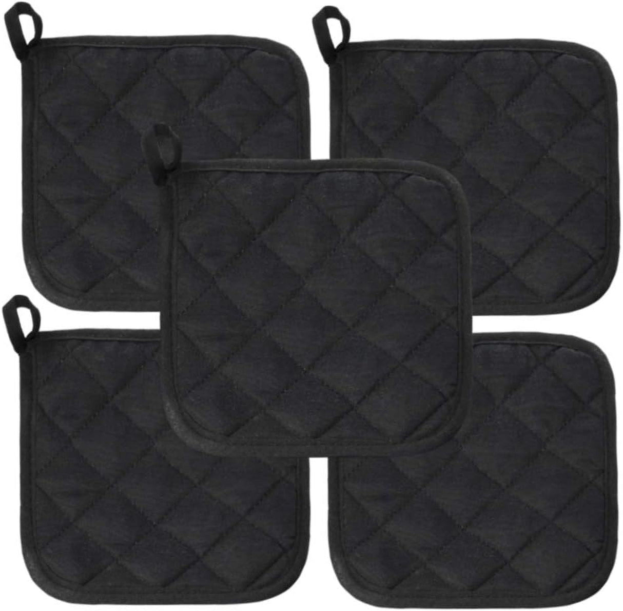 5Pcs Kitchen Pot Holders Set Heat Resistant Pure Cotton Potholders Kit Trivets Large Coasters Hot Pads Pot Holders for Everyday Cooking and Baking by 6.5 x 6.5 Inch Black